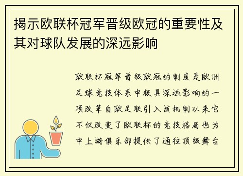 揭示欧联杯冠军晋级欧冠的重要性及其对球队发展的深远影响