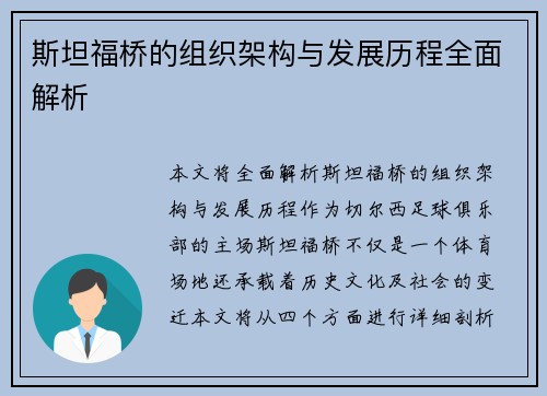 斯坦福桥的组织架构与发展历程全面解析