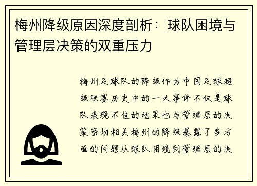 梅州降级原因深度剖析：球队困境与管理层决策的双重压力
