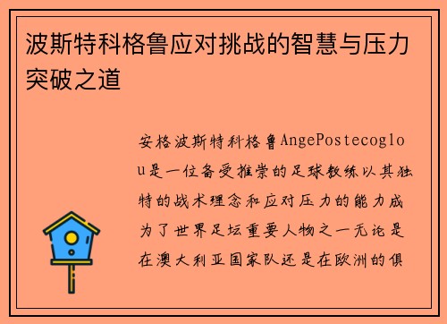波斯特科格鲁应对挑战的智慧与压力突破之道