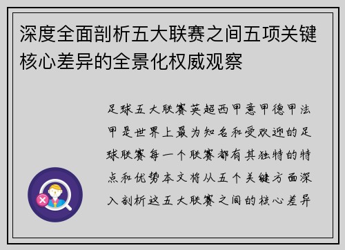 深度全面剖析五大联赛之间五项关键核心差异的全景化权威观察 深度全面剖析五大联赛之间五项关键核心差异的全景化权威观察